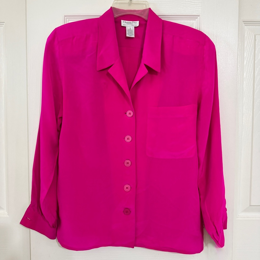 Christian Dior Women's Chemise Hot Pink Silk Button-Front Blouse,Vintage - Picture 2 of 7